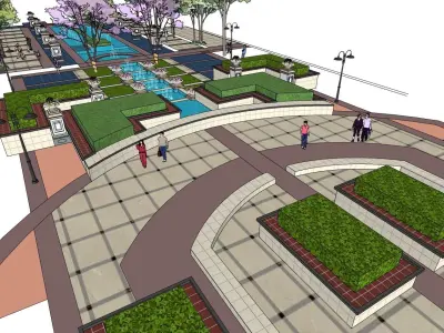 pool outdoor along with big planters and paved area 3D model