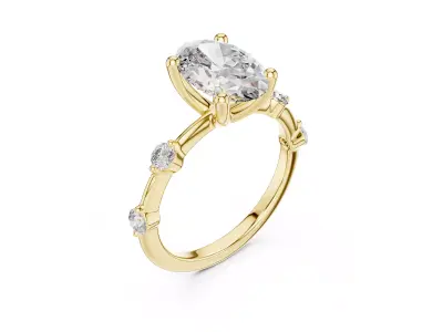 Oval Solitaire Diamond Ring Side Stones Minimal Wedding Ring CAD 3D print model