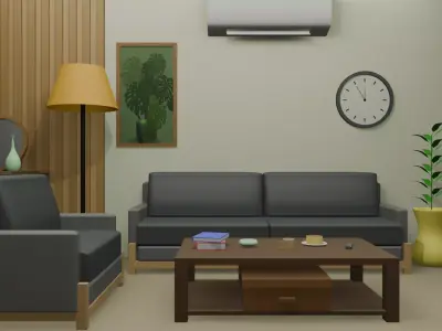 3D Low Poly Living Room and Dining Room Interior Model Low-poly 3D model