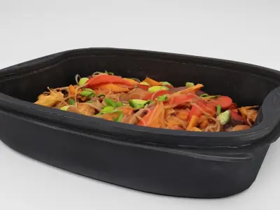lunch box with fried noodles chicken vegetables 3D model