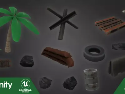 Low Poly Props items including palm tree and bricks Free low-poly 3D model