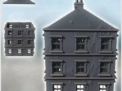 Tiled-roof house with bay window on the ground floor and a large 3D print model