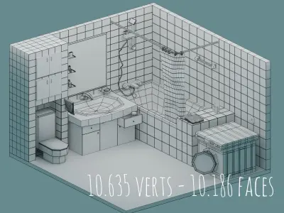 Low-Poly Bathrooms Pack - 5 Bathrooms Low-poly 3D model