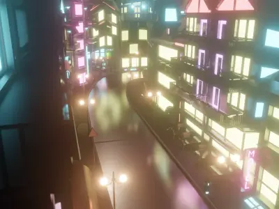 Low poly Street city at night with neon lights Free 3D model