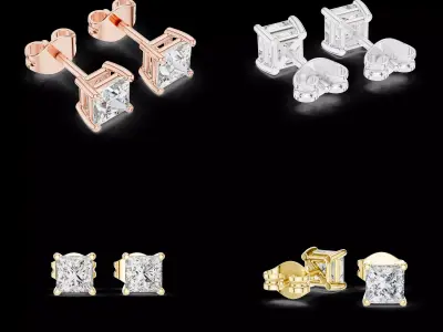Princess Cut Diamond Stud Earrings CAD Design Gold Silver 3D print model