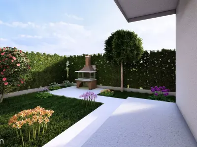Modern Backyard Garden Scene  BBQ Fireplace Landscaping  3D model