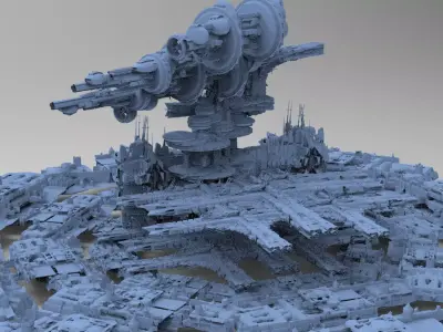 Sci-Fi City dystopia City Gris with mothership 3D model