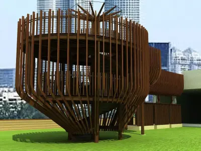 Elevated Wooden Walkway and Cocoon Pavilion Complete Scene 3D model