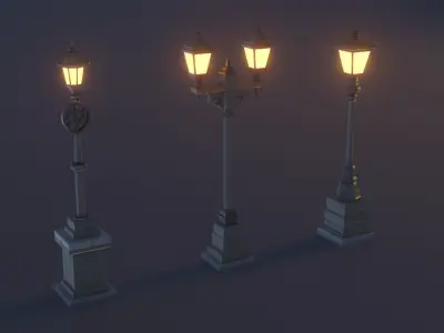 collection of 9 vintage-style  low poly antique street lamps Low-poly 3D model