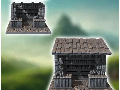 Small open market stall with shelves of pottery a wooden roof an 3D print model