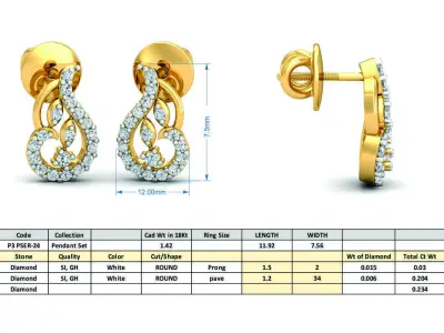 Yellow gold diamond earring-P3 PSER-24 3D print model