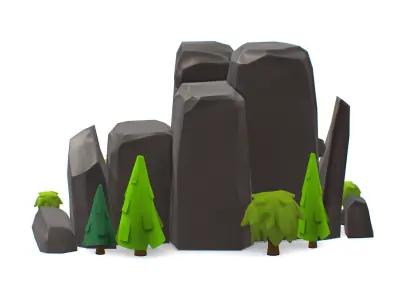 Cartoon Stone Cliff and Green Trees Low-poly 3D model