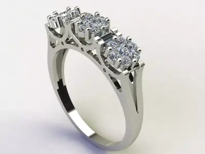 Three Stone Floral Cluster Diamond Ring with Baguette Accents 3D print model