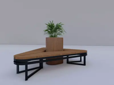 Triangular Outdoor Wooden Steel Bench with Central Planter Low-poly 3D model