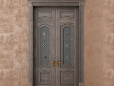Classic wood door whith stained-glass window 3D model
