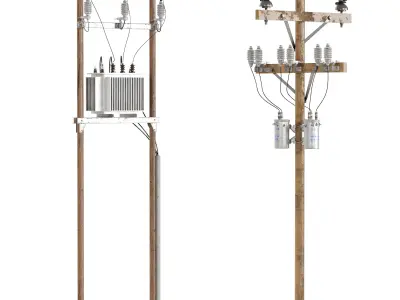 Wooden Power Poles Set Low-poly 3D model