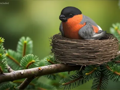  Bullfinch Male Bird with Red Belly in Nest 