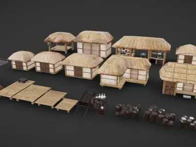 Stylized Korean Traditional House and Village Props 3D model