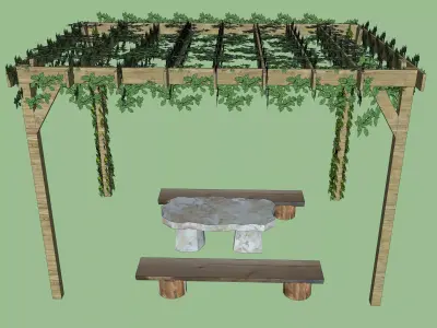 Outdoor Wooden Pergola with Stone Table and Benches  3D Model 3D model
