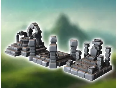 Set of three stone ritual altars with arches and columns 2 - Med 3D print model