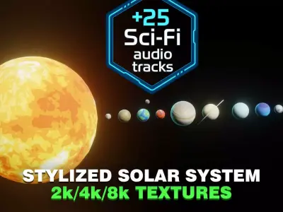 Stylized Solar System 2k 4k 8k Textures 25 Sci-Fi Music Tracks Low-poly 3D model
