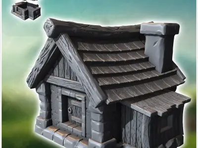 Medieval house with chimney in roof and annex with side window 1 3D print model
