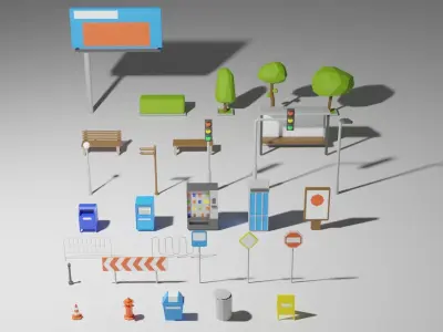 30 Low Poly Street Assets Low-poly 3D model