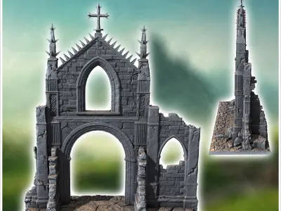 Ancient gothic arch with detailed carvings and two spiky archite 3D print model