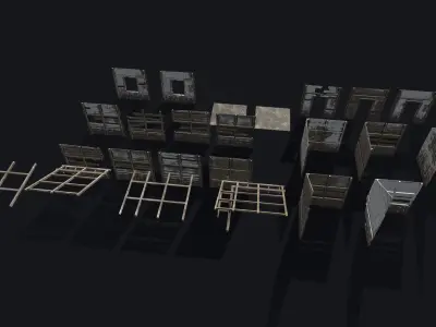 Wooden Building Modular Kit Low-poly 3D model