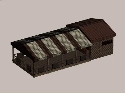 Wooden Outdoor Pavilion with Striped Canopy 3D model