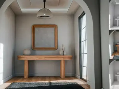 Minimalist interior with a wooden floor and a black rug Low-poly 3D model