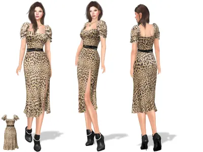 Puff Sleeved Belted Dress with Cutouts Low-poly 3D model