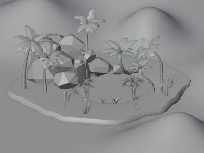 Oasis island with palm trees and cactus Low-poly 3D model