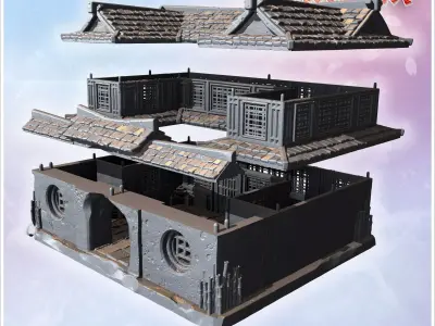 Enclosed courtyard house with circular windows tiled roofs and d 3D print model