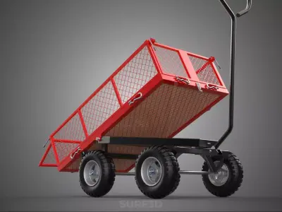 RED TIPPER TILTING TILT UNLOAD BED TROLLEY CART WAGON 4 WHEELED 3D model