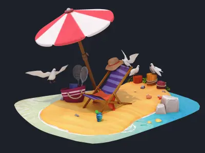 3D Summer beach  Low-poly 3D model