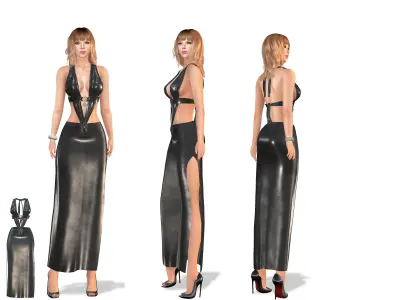 Shiny Latex Leather Long Side Slit Skirt With Halter Neck Top Low-poly 3D model