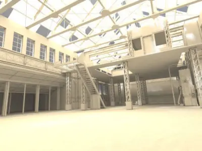 Factory model inside of empty building Low-poly 3D model