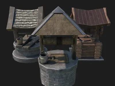 Draw-wells collection water well with roof 3D Model Pack