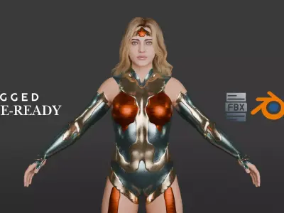 Crimson Valkyrie  Superheroine 3D Character with Armor and Hair Low-poly 3D model