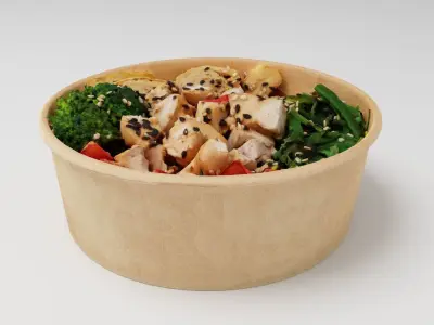 Poke bowl lunch with eggs chicken avocado tomatoes rice chuka  3D model