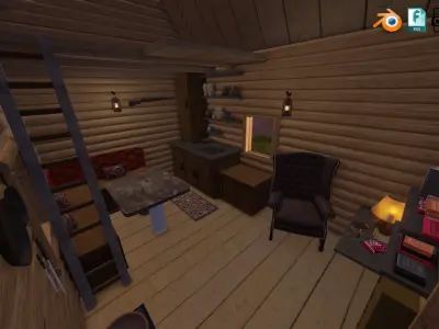 Detailed Log Cabin with Interior and Texture Lighting 3D model