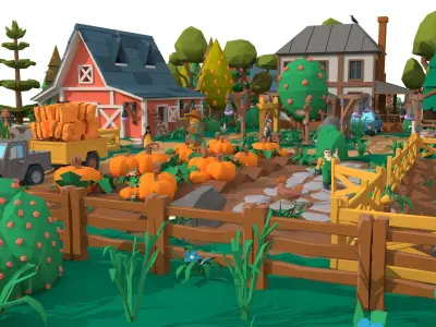 Cartoon village Low-poly 3D model