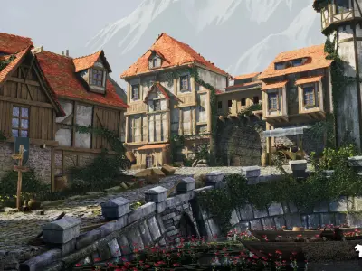 Medieval Lakeside Town Low-poly 3D model