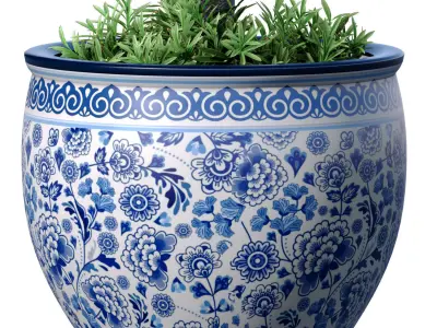 Decorative tall tree in a Chinese porcelain vase pot 3D model