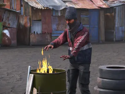  Abandoned Lot Fire Barrel With Man And Debris 