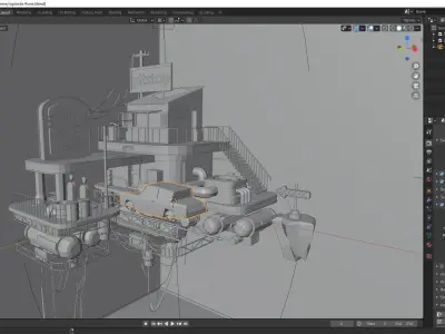 Low poly pitstop neon-lit building in ocean Low-poly 3D model