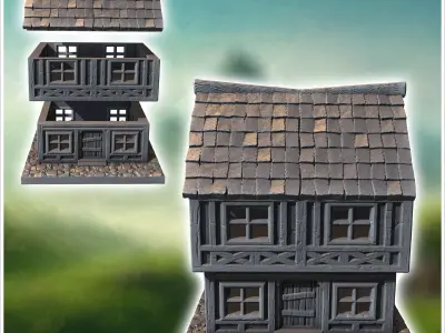 Two-story medieval house with a steep roof multiple windows and  3D print model