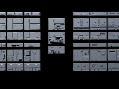 Sci-Fi Wall Panels and Industrial parts Kitbash - 59 Parts  3D Model Pack