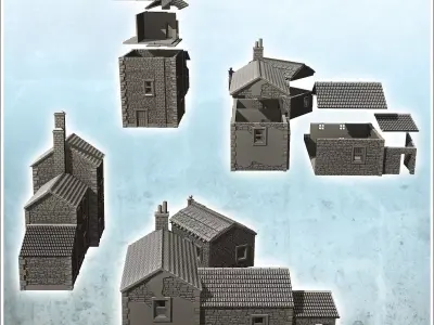 Set of three traditional European stone buildings with farm and  3D print model